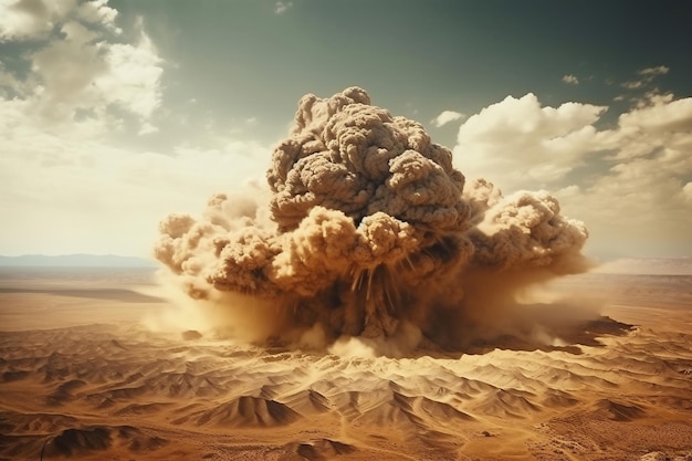 Nuclear explosion in the desert Puffs of sand and ash against the sky Apocalypse War Nuclear threat Third World War