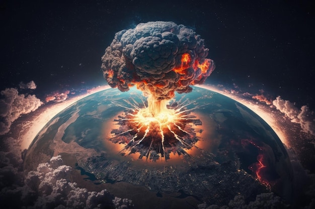 Nuclear explosion illustration on planet earth view from space apocalypse concept Generative AI