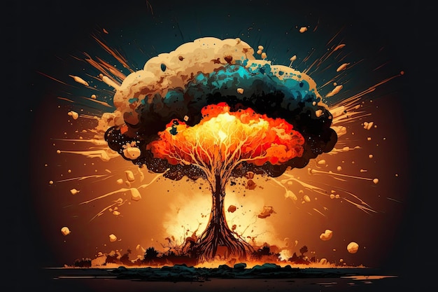 빈 곳에서 불타는 원자 폭탄 폭발의 핵 폭발 버섯 구름 핵 에너지 아마겟돈 개념 생성 Ai