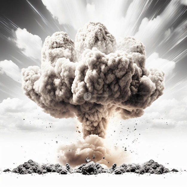 Nuclear explosion and mushroom cloud isolated on white background