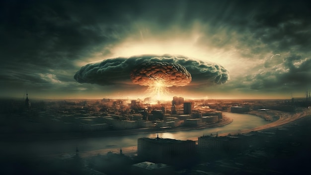 Nuclear explosion mushroom cloud over russian city at morning neural network generated art