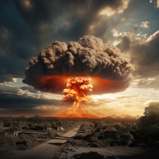 Nuclear explosion with mushroom cloud in war