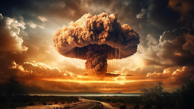 Nuclear explosion with a mushroom cloud