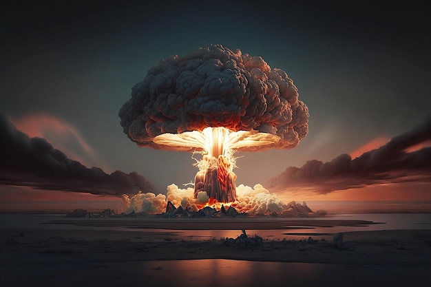 핵 폭발 단어 핵 전쟁 물 위에 핵 버섯