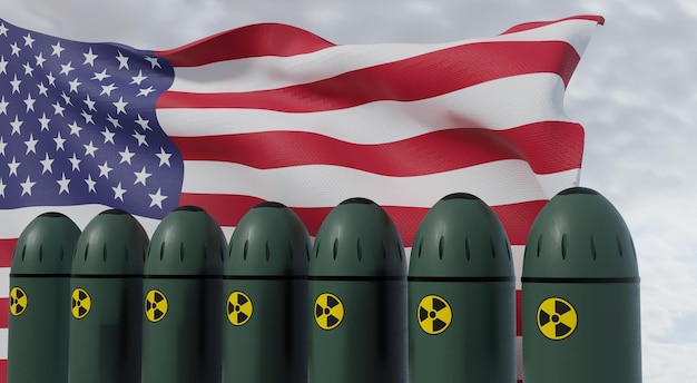 Nuclear missiles and USA flag in background Missiles with warheads are ready to be launched