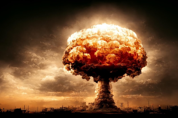 Nuclear Mushroom Huge Bomb Explosion in City 3D Artwork Apocalyptic Illustration