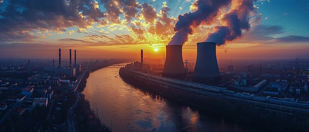 Nuclear power plant against sky by the river