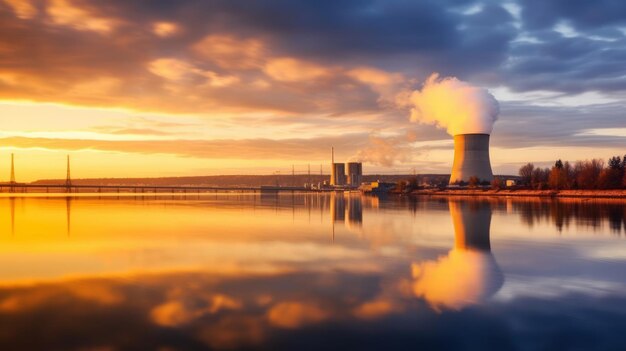 写真 夕暮れの川の空に照らされた原子力発電所