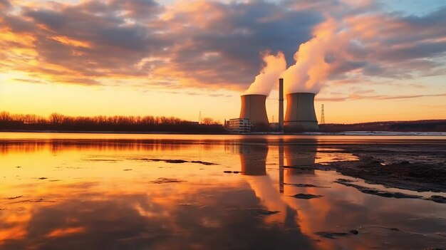 写真 夕暮れの川の空に照らされた原子力発電所