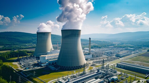 Photo nuclear power plant facility with clear blue sky