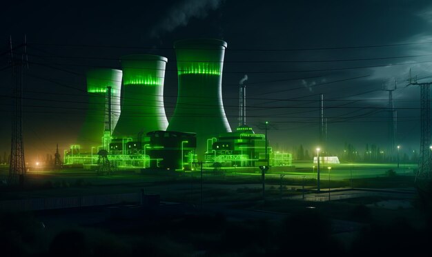 Nuclear power plant in green neon lights Abstract new age energy station at night Generative AI