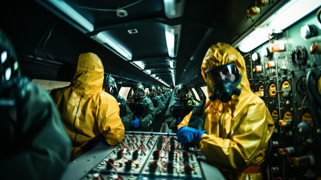 Photo nuclear power plant men in uniform and masks to protect themselves from radiation