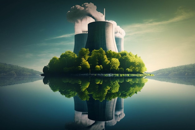 Nuclear power plant sitting on top of a body of water generative ai