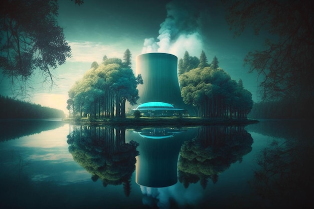 Nuclear power plant sitting on top of a lake generative ai