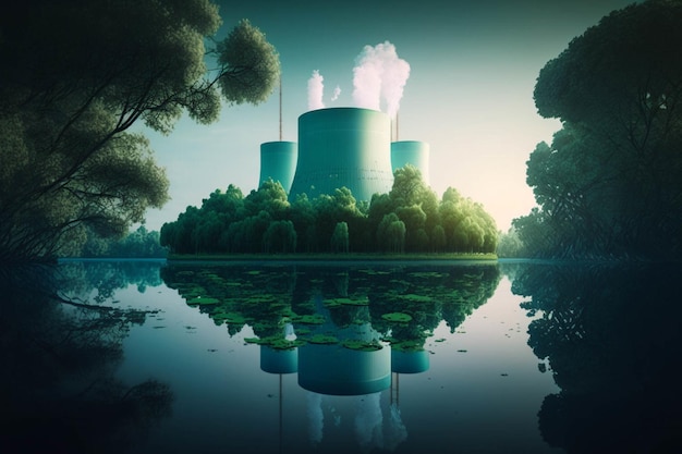 Nuclear power plant sitting on top of a lake generative ai