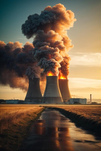 Nuclear power plant with towers letting out steam from the process