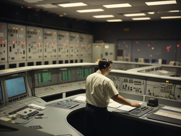 In the nuclear power plant a worker is seen standing at the desk control panels of the control room