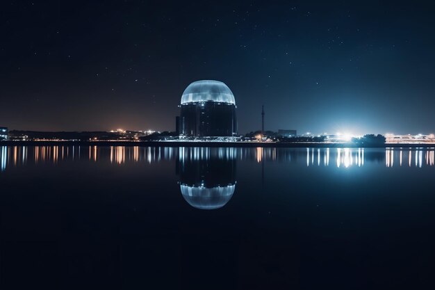 湖畔の原子力発電所の夜の写真