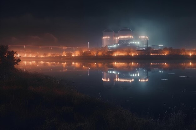 Nuclear power station on coast of lake night photo