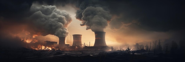 많은 연기가 나오는 원자력 발전소 오염 효율성 작업 조건