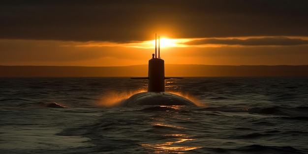 Nuclear submarine sailing at sunset