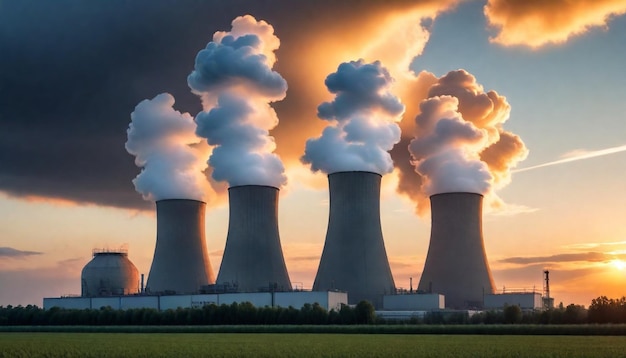 nuclear towers are seen in this image with the sun setting behind them
