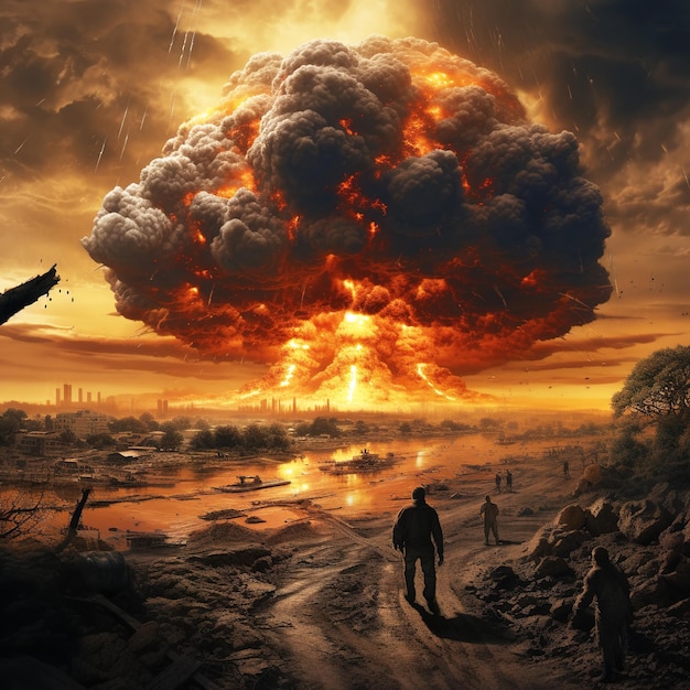 Nuclear war concept The explosion of nuclear bomb Creative art decoration in darkness A person's outline opposes the giant mushroom cloud of atomic explosion