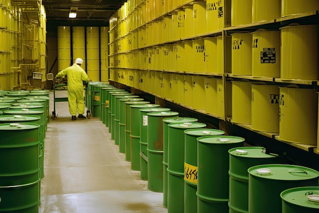 Nuclear waste storage facility with bins of highly radioactive materials visible