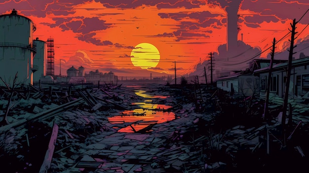 Nuclear zone in comics style atomic landscape apocalyptic view Generative AI