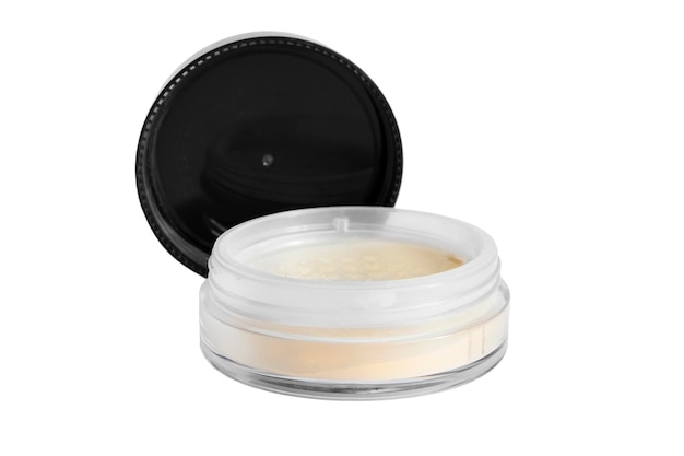 Nude beige lose powder opened box on white background