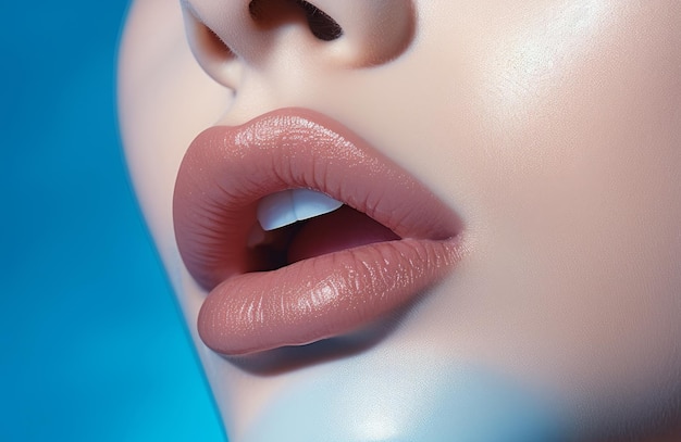 a nude color beautiful lips on blue background