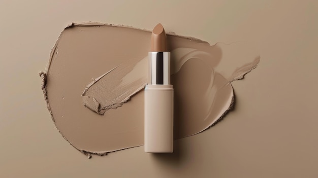 Photo nude lipstick with swiped foundation on a beige background
