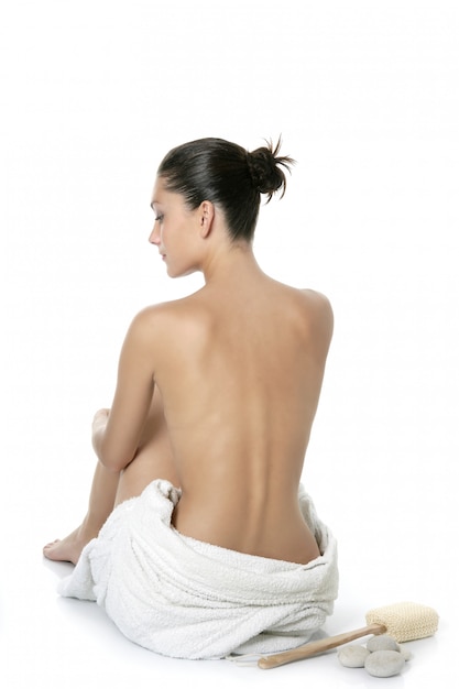 Nude sit woman back with white towel