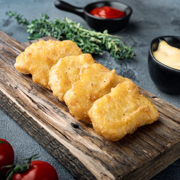 Nuggets breaded on grey background