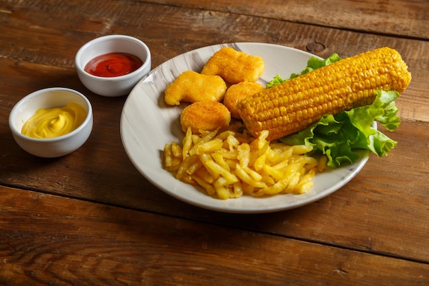 Nuggets frietjes en maïskolven op slablaadjes op een bord naast kaas en tomaat