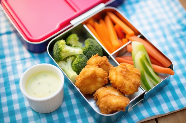 Nuggets in a lunchbox with vegetables