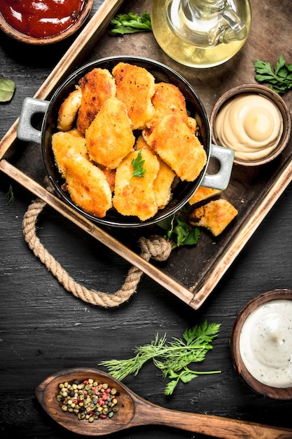 Nuggets van kippenvlees met sauzen op een dienblad. Op het zwarte bord.