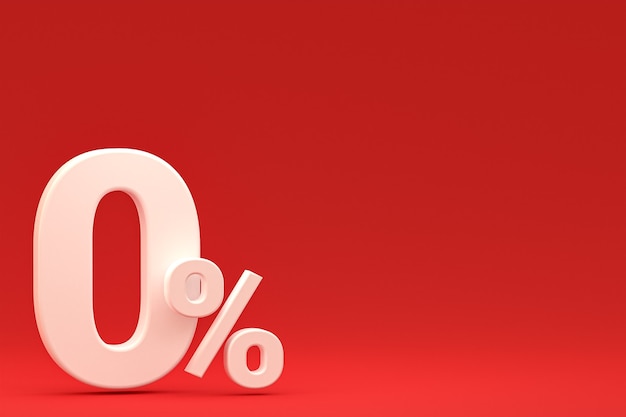 Foto nul procentteken en verkoopkorting op rode achtergrond met speciaal aanbiedingstarief. 3d-rendering