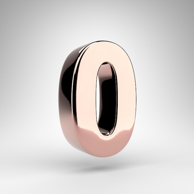 Foto numero 0 su sfondo bianco. numero di rendering 3d in oro rosa con superficie cromata lucida.