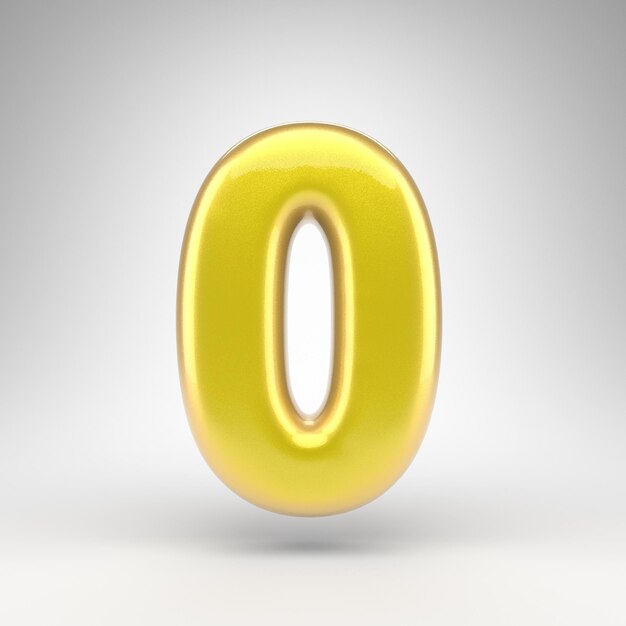 Number 0 on white background. Yellow car paint 3D rendered number with glossy metallic surface.