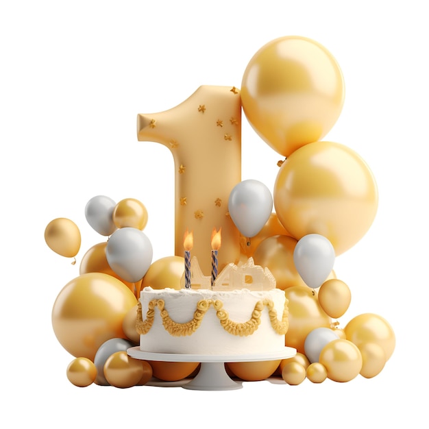 Foto torta di compleanno numero 1 con candele e palloncini rendering 3d isolati su sfondo bianco