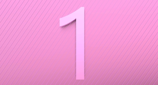 Number 1 on a pink background with reflection and neon stripes Abstract unit in pinkish color with reflection 3D render