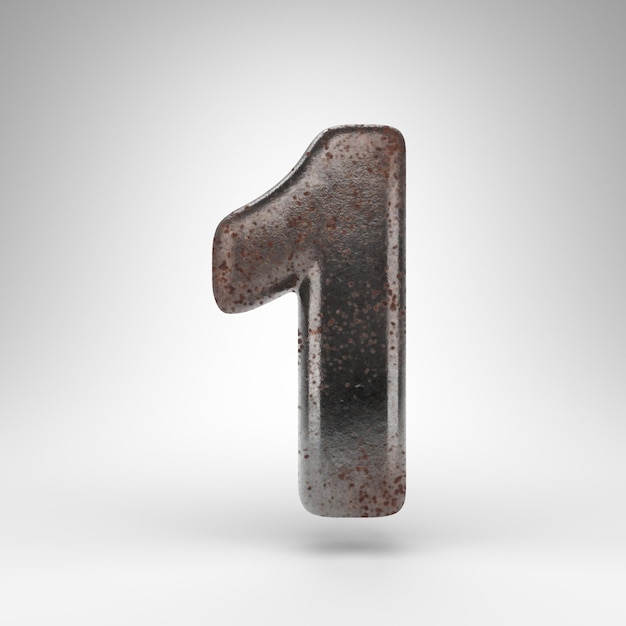 Number 1 on white background. Rusty metal 3D rendered number with oxidized texture.
