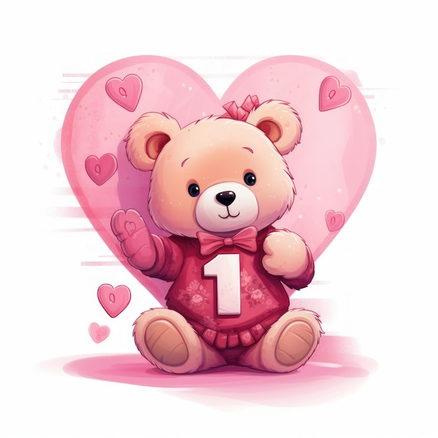 Number 1 with cute teddy bear and pink balloon Vector illustration