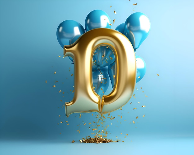 Number 10 gold balloon with blue balloons and golden confetti 3D Render