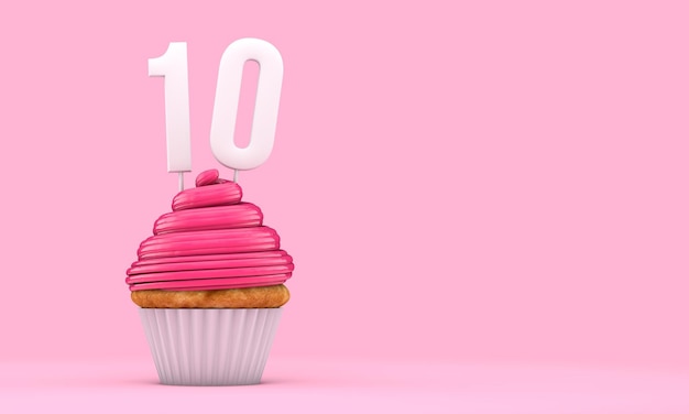 Number 10 pink birthday celebration cupcake 3D Rendering