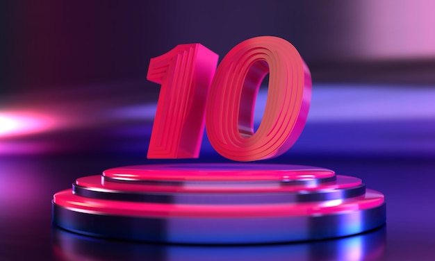 Number 10 above triple neon purple pink pedestal with neon purple background