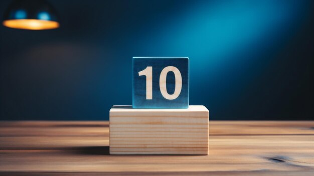 Photo number 10 on wooden cube podium on wooden table and blue background