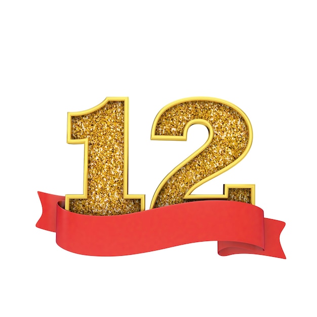 Number 12 gold glitter celebration with a red scroll banner 3D Render