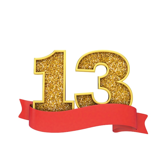 Number 13 gold glitter celebration with a red scroll banner 3D Render